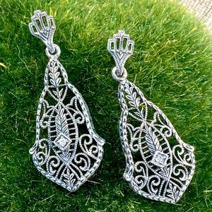 Ornate Vintage Filigree Sterling Silver and Diamond or Sapphire Earrings